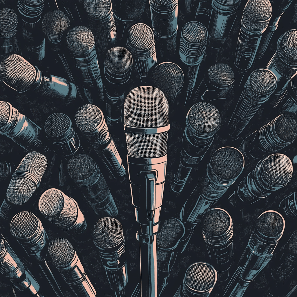 Empty microphone stand surrounded by filled ones, representing a content gap in the podcasting market.