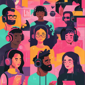 Diverse podcast listeners engaged in competition and strategy, representing the competitive landscape of the podcasting industry.