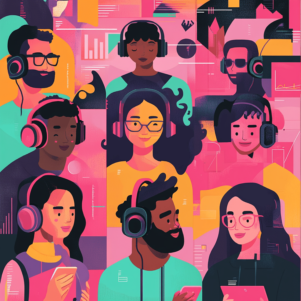 Diverse podcast listeners engaged in competition and strategy, representing the competitive landscape of the podcasting industry.
