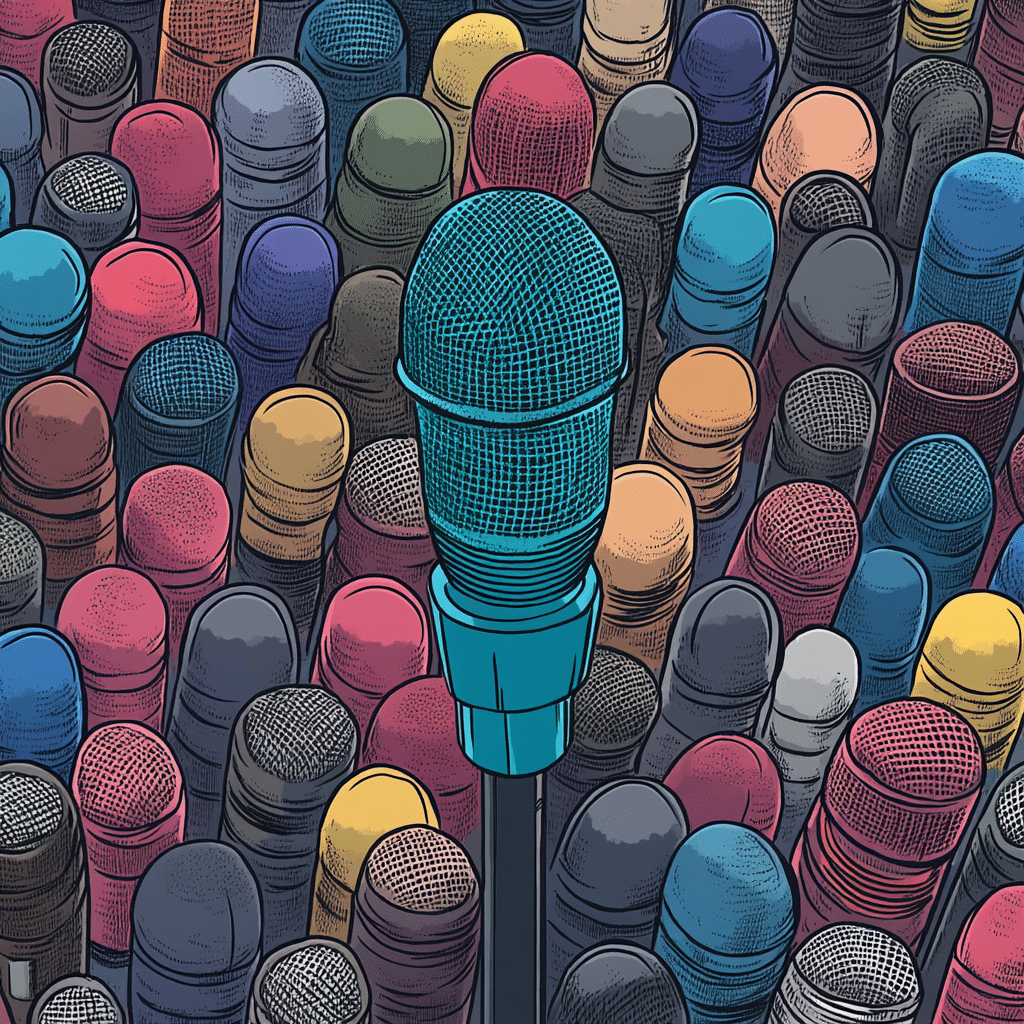 An empty microphone stand surrounded by active ones, highlighting an opportunity to fill content gaps in the podcasting industry.