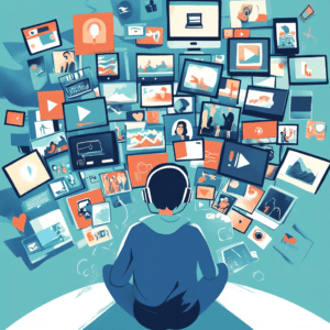 Person peacefully listening to a podcast amidst a chaotic flood of digital content on multiple screens.