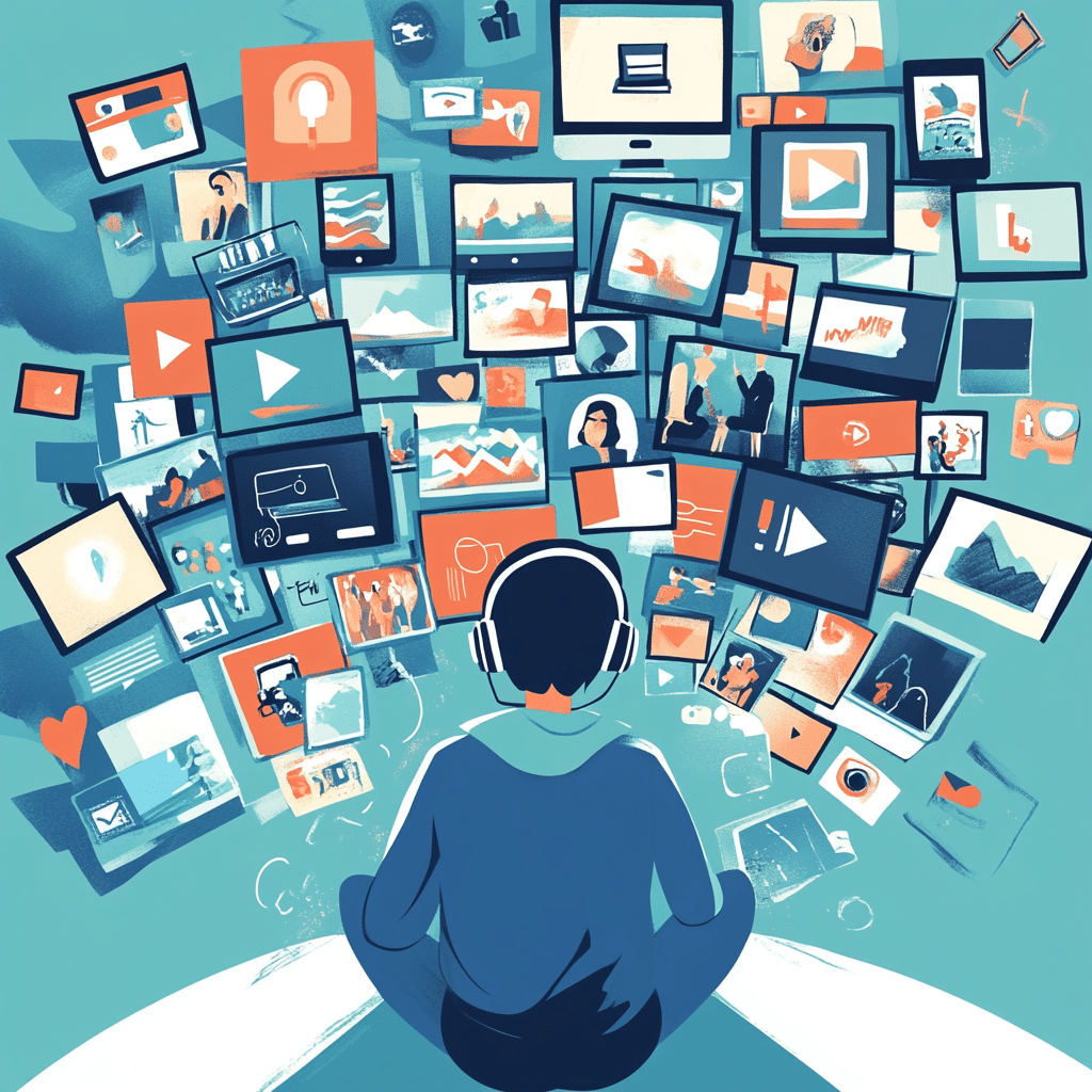 Person peacefully listening to a podcast amidst a chaotic flood of digital content on multiple screens.