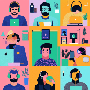 Diverse podcast audience listening in different settings, symbolizing tailored content engagement.