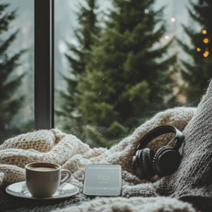 A cozy morning with a person on the sofa, headphones on, enjoying a podcast and coffee by the window.