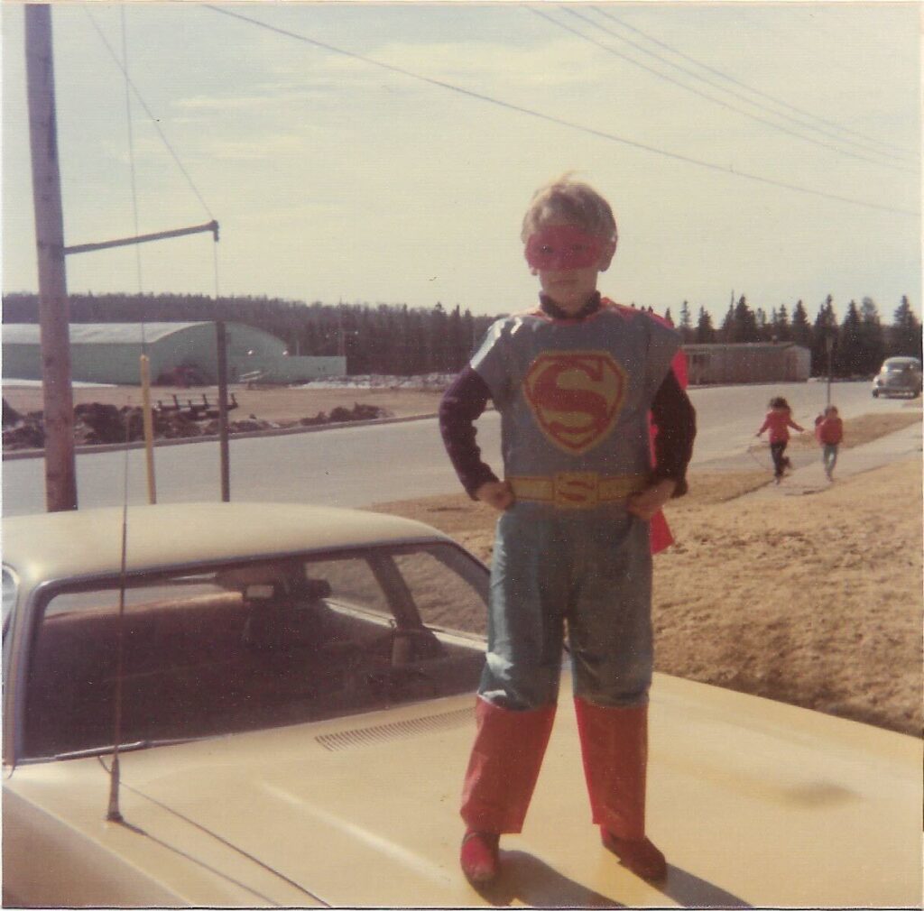 A child in a classic Superman costume standing proudly, evoking themes of nostalgia and childhood memories tied to branded podcast storytelling.