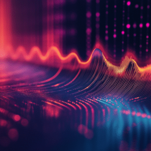 Abstract digital illustration of dynamic soundwaves in vibrant colors of red, orange, and purple against a dark background, symbolizing the power and innovation of audio and video storytelling.