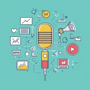 A podcast microphone surrounded by icons for engagement, metrics, and audience growth.