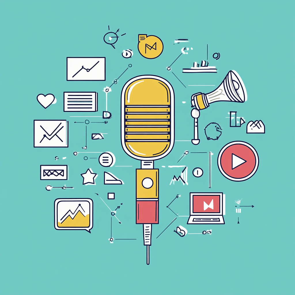 A podcast microphone surrounded by icons for engagement, metrics, and audience growth.