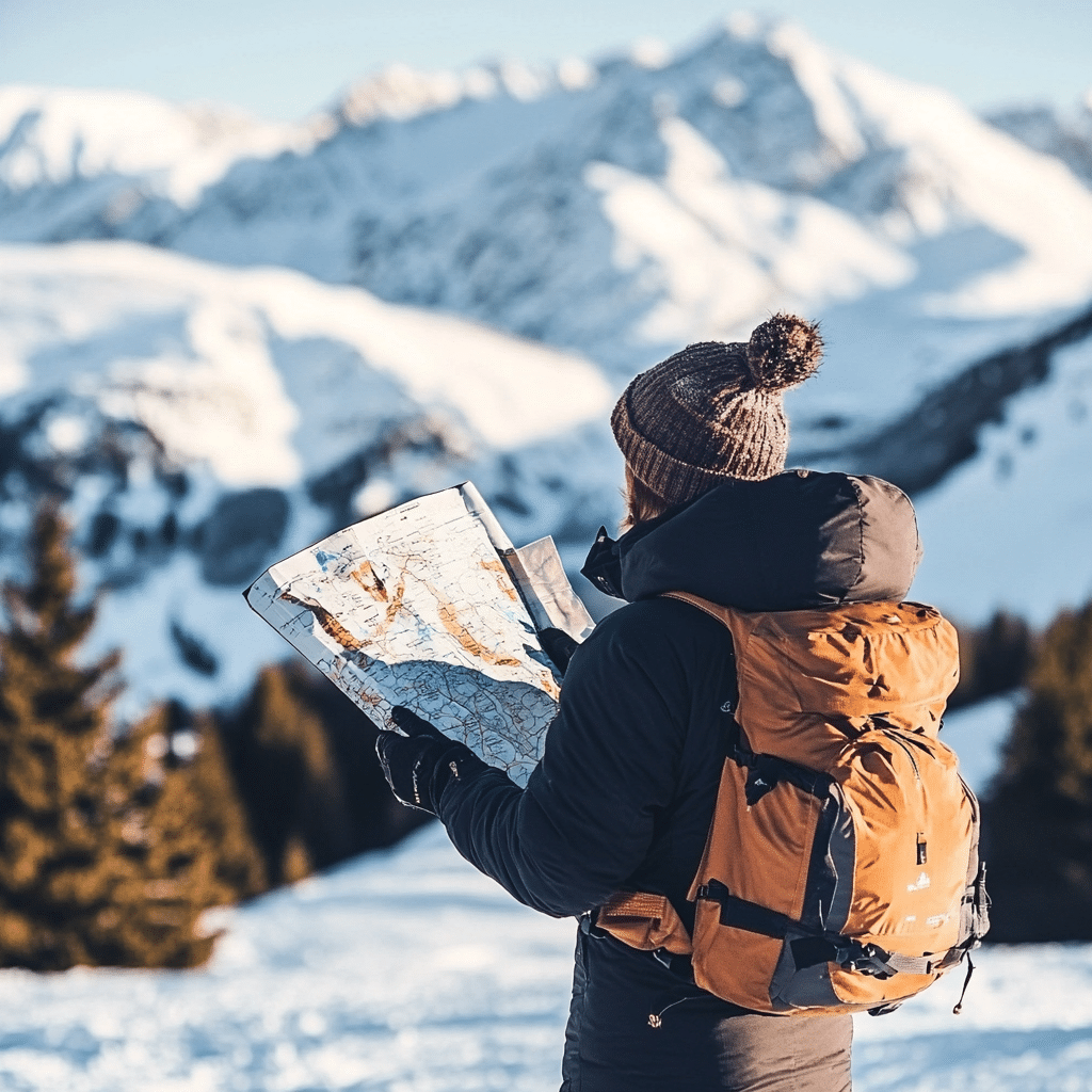 Skier holding a trail map with podcast logo, showcasing the value of planning.