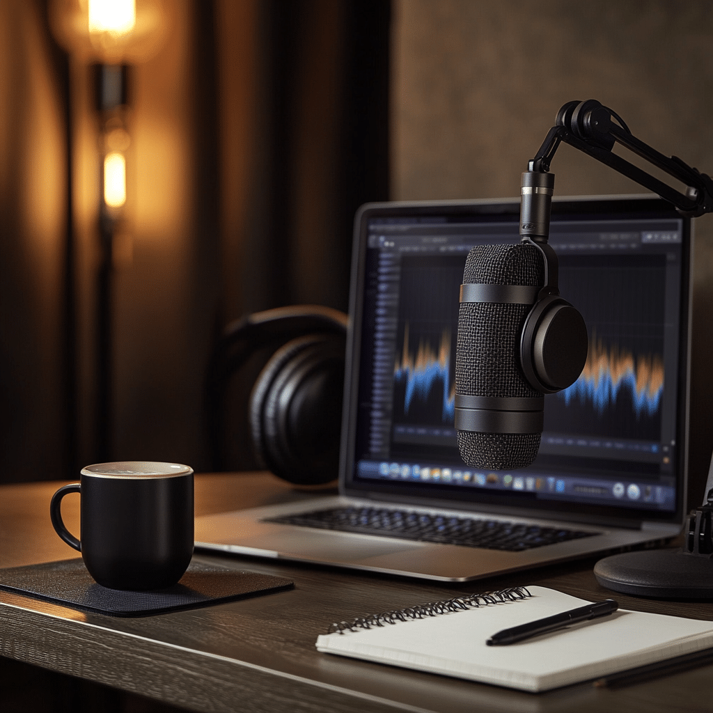 A modern podcast recording setup in a professional studio utilizing a branded podcast strategy.