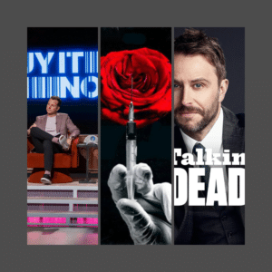A collage featuring This is Small Business (Amazon), Dirty John (Netflix), and Talking Dead (AMC), highlighting how podcasts and TV are increasingly interconnected.