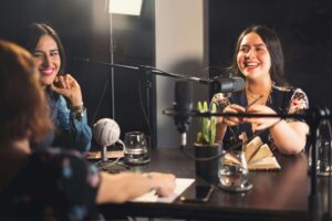 People having a podcast conversation and contributing to participatory culture