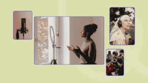Cluster of images on a green background, used as a featured image on a blog about podcast concept development