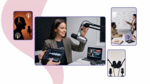 Podcast production strategy meeting and recording studio illustrating how to choose a branded podcast agency.