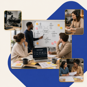 A marketing team using a job-based podcast design framework to plan a branded podcast’s audience, creative strategy and measurement.