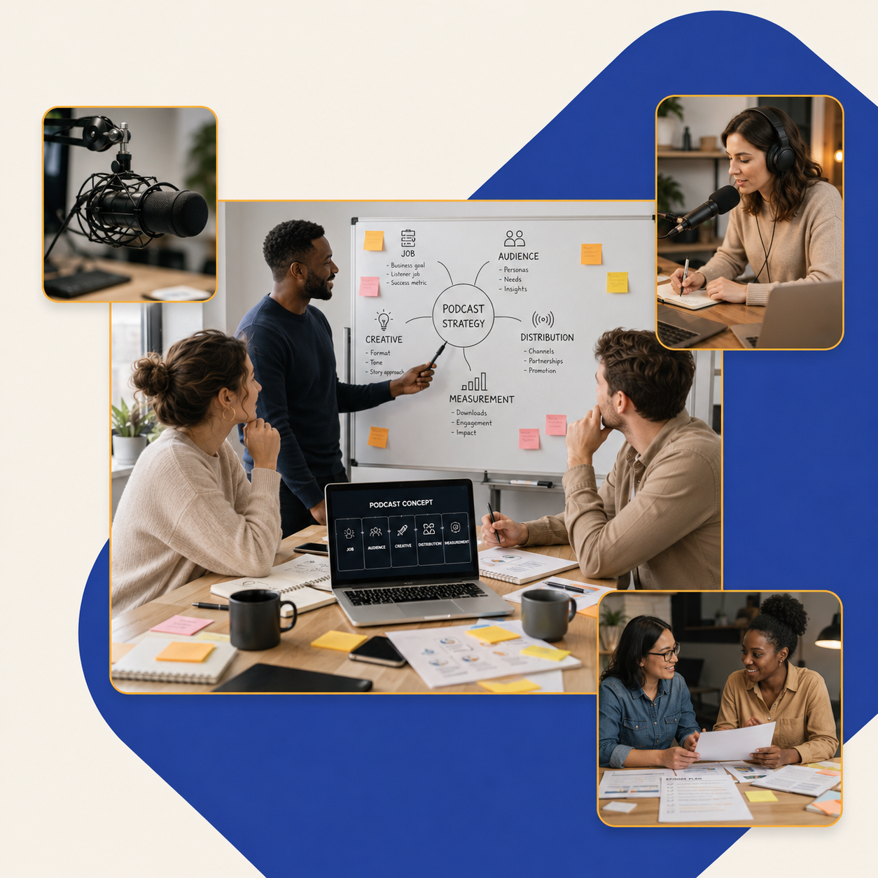 A marketing team using a job-based podcast design framework to plan a branded podcast’s audience, creative strategy and measurement.