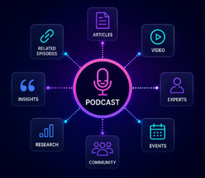 Podcast content hub connecting episodes with articles, video, experts, events, community, research and insights